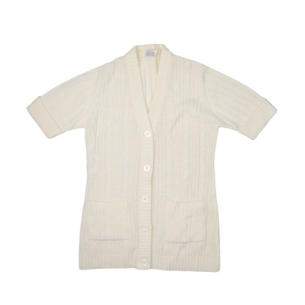 Vintage Bambergers Ivory Short Sleeve Cardigan Sweater Womens Small 1980s